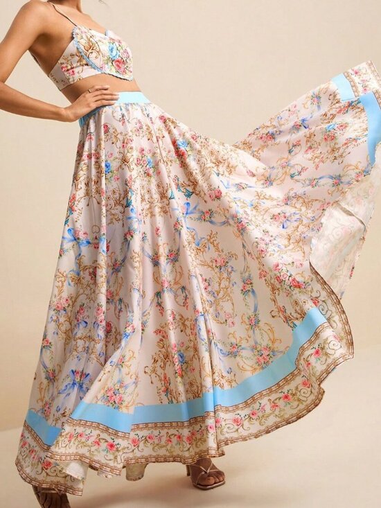 MODA ME COUTURE Dresses & Skirts - Pink Boho Women's Heart Ruffle Hem Cropped Top And Printed A-Line Mini Skirt Set